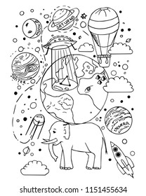 Elephants holding  Earth. Engraving vintage vector black illustration. Isolated on white background. Hand drawn design element for label and poster. Doodle Sketch Education vector illustration.