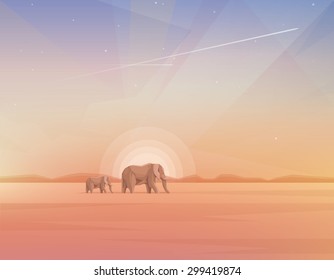 elephants journey through desert landscapes of Africa. Abstract conceptual minimalistic contemporary vector illustration