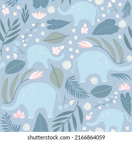 Elephants - jungle animal nursery wallpaper in shades of blue and pink. Seamless pattern. Vector illustration.