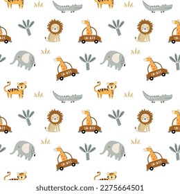 Elephants, lions, tigers, crocodiles, and giraffes cute seamless kids pattern. Creative kids texture for fabric, wrapping, textile, wallpaper, apparel etc. Repeatable vector illustration. 