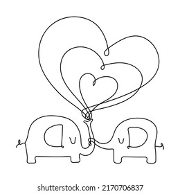 Elephants in love, Line art style illustration. Continuous Line drawing of two Elephants silhouette with hearts. Wedding, valentine day, hug day, family, friendship card design concept. Vector.
