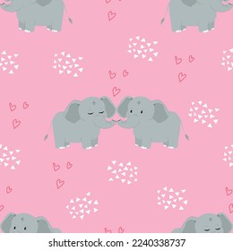 Elephants in love seamless pattern. Pink background for Valentines day. Vector illustration