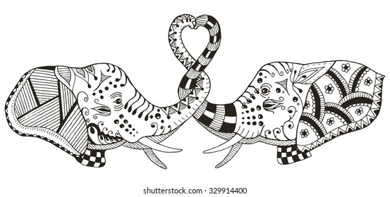 Elephants making heart shape with trunks, zentangle stylized, vector illustration, pattern, freehand pencil, hand drawn