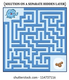 Elephant's Maze Game (help the hungry elephant to find his peanuts) - Maze puzzle with solution