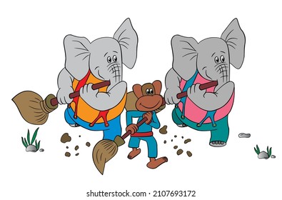 Elephants With Monkey Sweeping Trash, Childish Picture, Cartoon Isolated On White Background