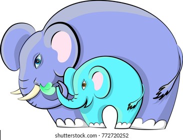 Elephants mother and child playing together with green leaf, symbol, ecology, nature conservation, kindness, family