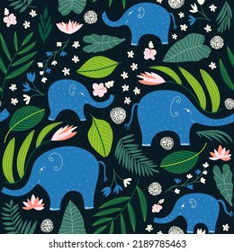 Elephants nursery pattern in blue, green, pink and black. 