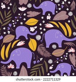 Elephants nursery print in purple, orange and brown. Seamless pattern.