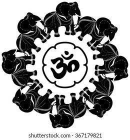 Elephants Om mandala symbol. Round ornate ornament Pattern. Indian, African, Thai, spirituality, boho design. Hindu motifs ethnic background. Use for print, posters, t-shirts and other textiles.