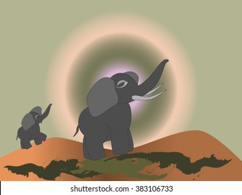 Elephants on abstract land scape