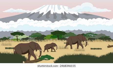 Elephants on the background of African nature. Safari vector. Nature safari. EPS 10.