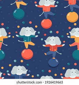 Elephants on colorful balls. Cartoon funny cute animals. Circus theme. Seamless pattern with lovely safari inhabitants playing. Kids style print with circus performance. Lovely characters on dark.