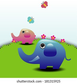 Elephants on Green Field 