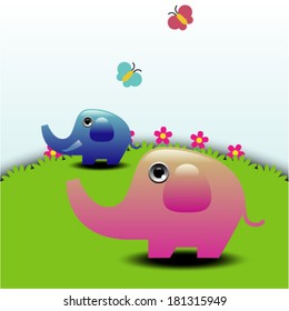 Elephants on Green Field 