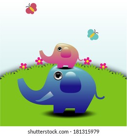 Elephants on Green Field 