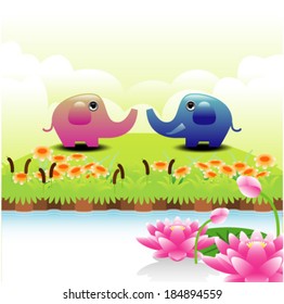 Elephants on Green Field 