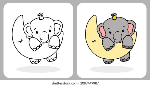 Elephants on a moon, for coloring pictures and t-shirt designs for kids. Cute cartoon elephant in vector illustration.