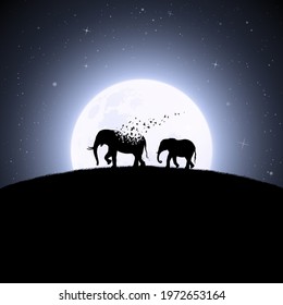 Elephants on moonlight night. Endangered animal. Death and afterlife