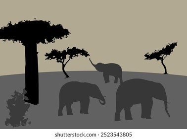 Elephants on pasture. Silhouette landscape scene. Vector illustration.