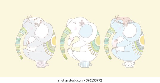 Elephants on the pots. Vector illustration.