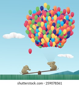 Elephants on seesaw holding balloons, illustrating less is more