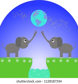 Elephants on a sky background on a blue background in flat style. Vector abstract illustration