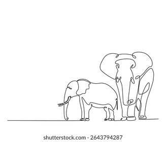 Elephants outline drawing illustration. one continuous line drawing of two elephant.