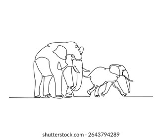 Elephants outline drawing illustration. one continuous line drawing of two elephant.