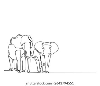 Elephants outline drawing illustration. one continuous line drawing of two elephant.