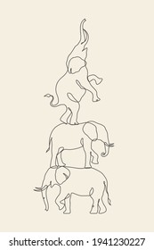 Elephants outline. Linear animal silhouette. Continuous single line