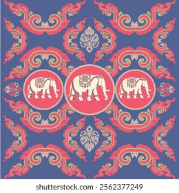 elephants pattern, mandala
Beautiful Thailand,thai pattern,seamless,Traditional,ethnic,fabric pattern for textiles,rugs, wallpaper,clothing, sarong,batik,wrap,embroidery,print,background,cover, illust