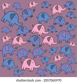 Elephants pattern on a purple background. Cute animals