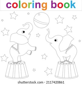 Elephants play with a ball in the circus. Coloring book page template for kids .Vector illustration EPS 10.