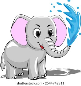 Elephants play happily in the water.elephant cartoon illustration