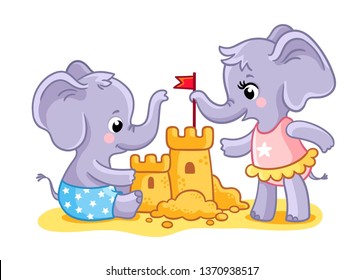 The elephants are playing on the beach in the sand. Animals build a castle. Vector illustration. Cute animals in cartoon style.