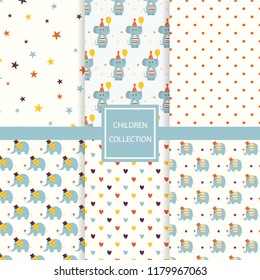 Elephants, polka dots, hearts and stars seamless patterns set. Children collection