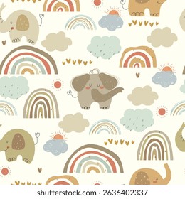 Elephants and rainbows, seamless kids pattern on white background. Vector illustration with cute animals and sky.