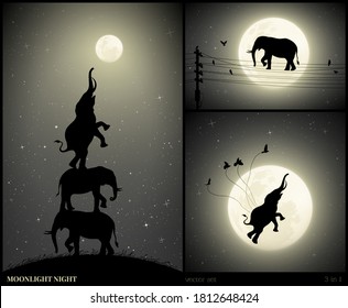 Elefanten greifen in der Mondnacht nach Vollmond. Abstrakte Silhouette großer Tiere auf elektrischen Drähten und Vögel fliegen in den Himmel. Surreale Illustration. Schwarz-Weiß-Vektorset für Design, Dekoration