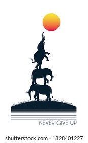 Elephants reach for sun. Abstract animal silhouettes. Isolated vector