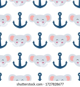 Elephants and sea anchors  hand drawn seamless vector fill. Cute childish drawing. Baby wrapping paper, textile, vector illustration 