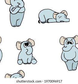 Elephants. Seamless illustration. Cartoon sketch style. Hand outline drawing cheerful funny animal. vector
