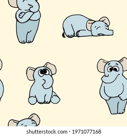 Elephants. Seamless illustration. Cartoon sketch style. Hand outline drawing cheerful funny animal. vector
