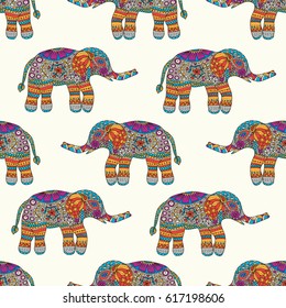 Elephants seamless pattern. Colorful background. Hand draw animals. Vector illustration