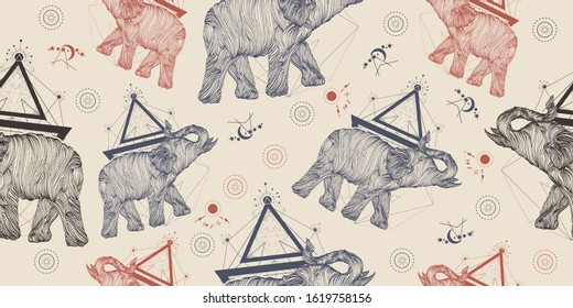 Elephants seamless pattern. Packing old paper, scrapbooking style. Vintage background. Medieval manuscript, engraving art. Symbol of meditation, tourism 