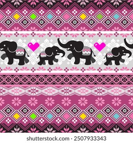 Elephants seamless pattern, Pixel art, with color full, black pink color, for kids, pants, children's clothing, fabric, embroidery,  wrapping, carpet, blanket, background, hand draw, vector