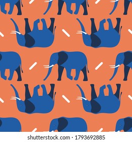 Elephants seamless pattern. Vector seamless pattern of elephants with beautiful orange and blue colors. Pattern for fabric design, wallpaper, decor and background. Animals bright background