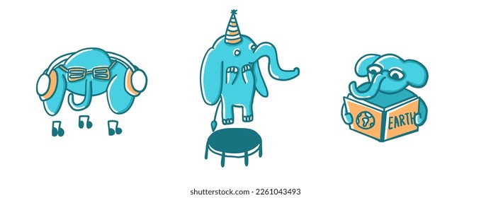 Elephants set in different situations. Vector illustration in cartoon flat style isolated on white background.