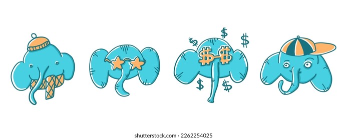 Elephants set with faces situations. Vector illustration in cartoon flat style isolated on white background.
