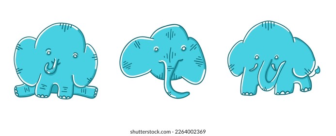 Elephants set with faces situations. Vector illustration in cartoon flat style isolated on white background.