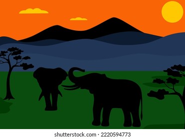 Elephants silhouette on landscape background. Flat style. Vector illustration 